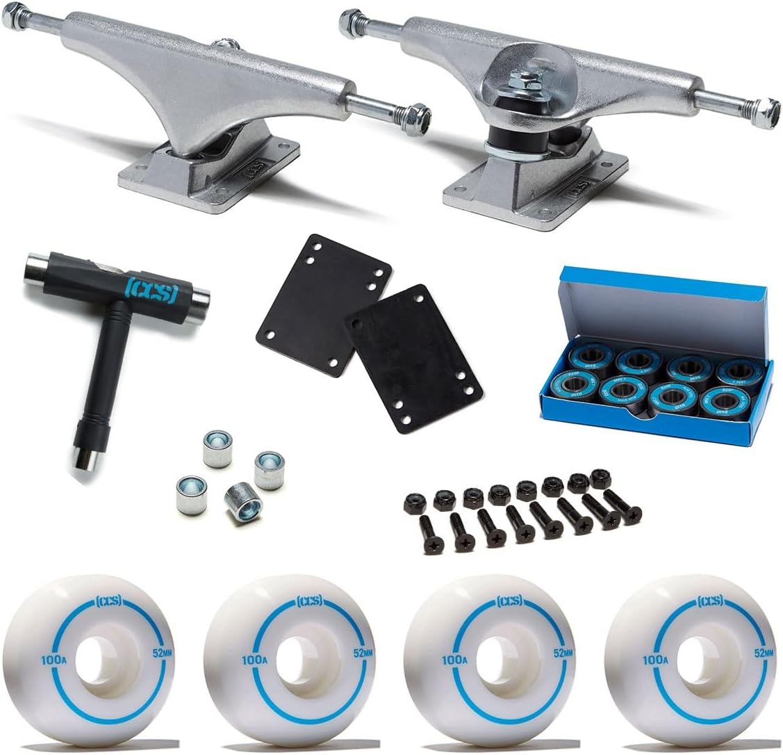 image:imageCCS Skateboard Assembly Kit Professional Grade Set of 2 Trucks 100A Wheels ABEC 7 Bearings 1 Mounting Hardware 18 Riser Pads Bearing SpacersRaw