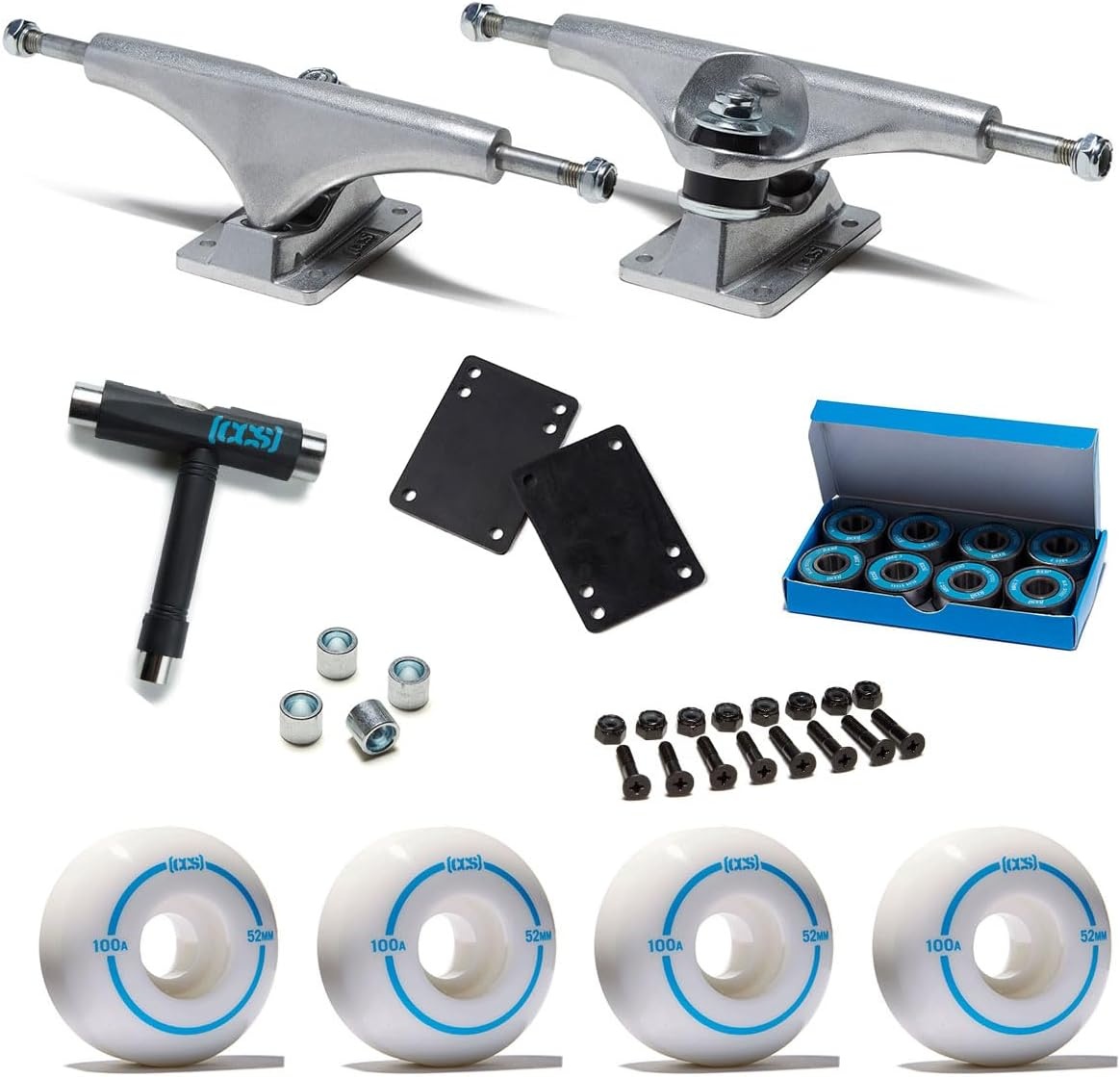 image:imageCCS Skateboard Assembly Kit Professional Grade Set of 2 Trucks 100A Wheels ABEC 7 Bearings 1 Mounting Hardware 18 Riser Pads Bearing SpacersRaw