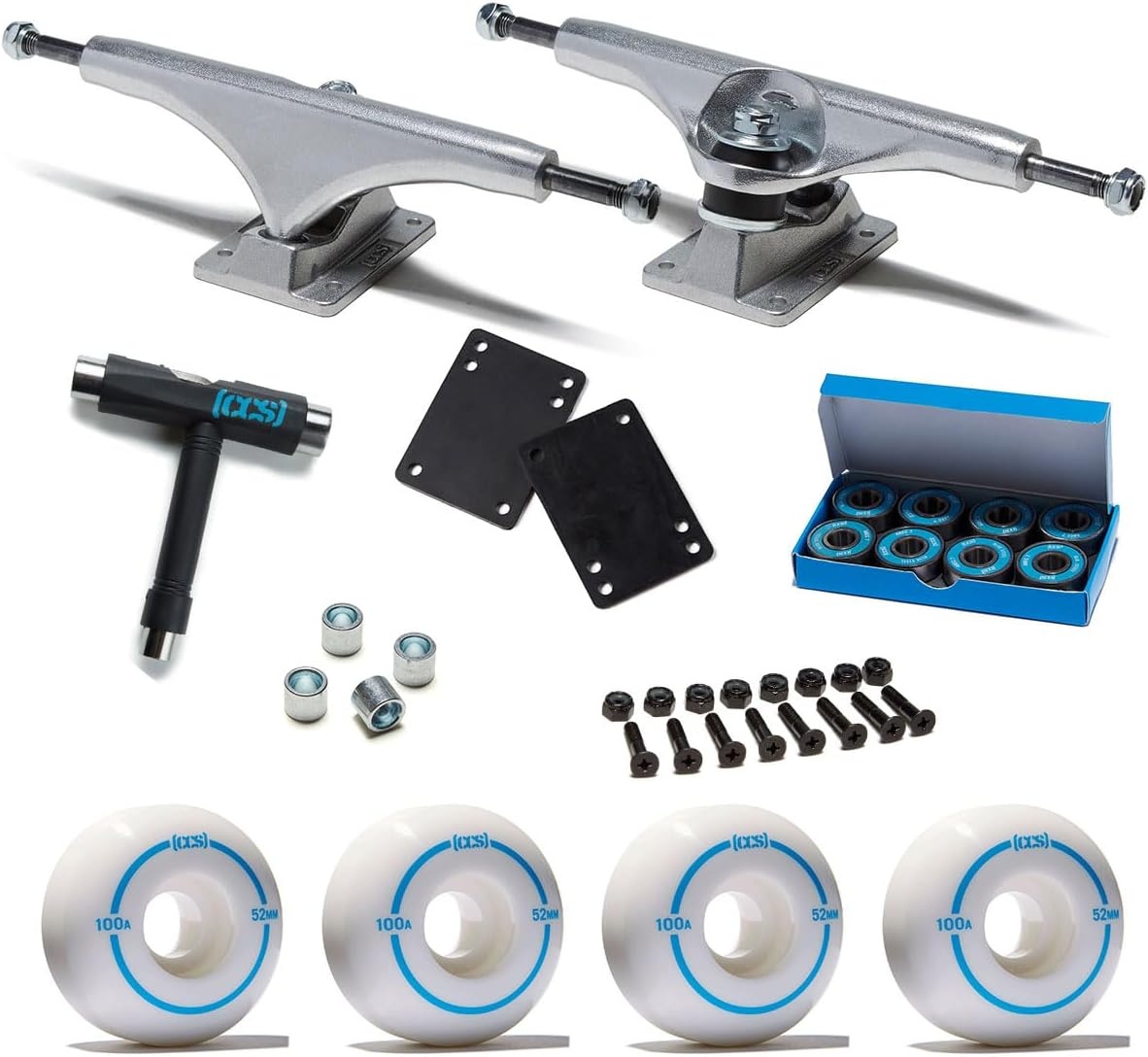 image:imageCCS Skateboard Assembly Kit Professional Grade Set of 2 Trucks 100A Wheels ABEC 7 Bearings 1 Mounting Hardware 18 Riser Pads Bearing SpacersRaw