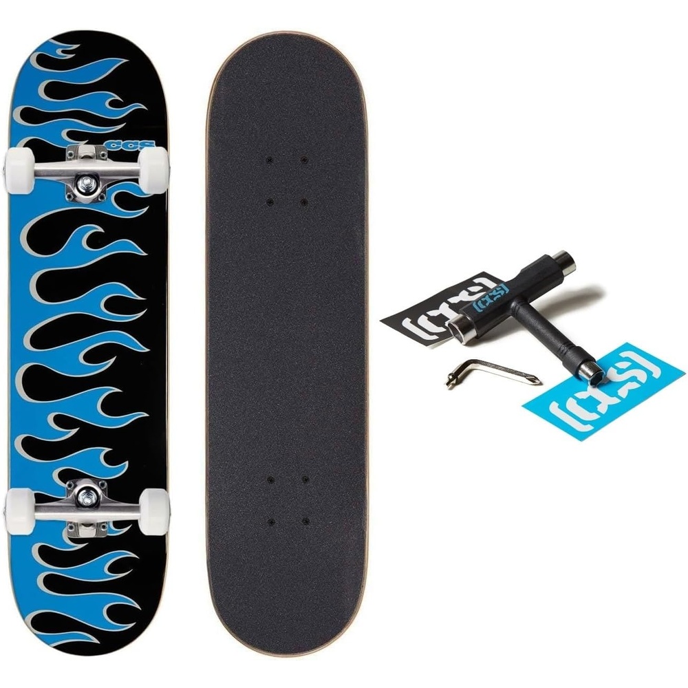 image:imageCCS Skateboard Complete  Maple Wood  Professional Grade  Fully Assembled with Skate Tool amp Stickers  Adults Kids Teens Youth  Boys amp GirlsFlames BlackBlue