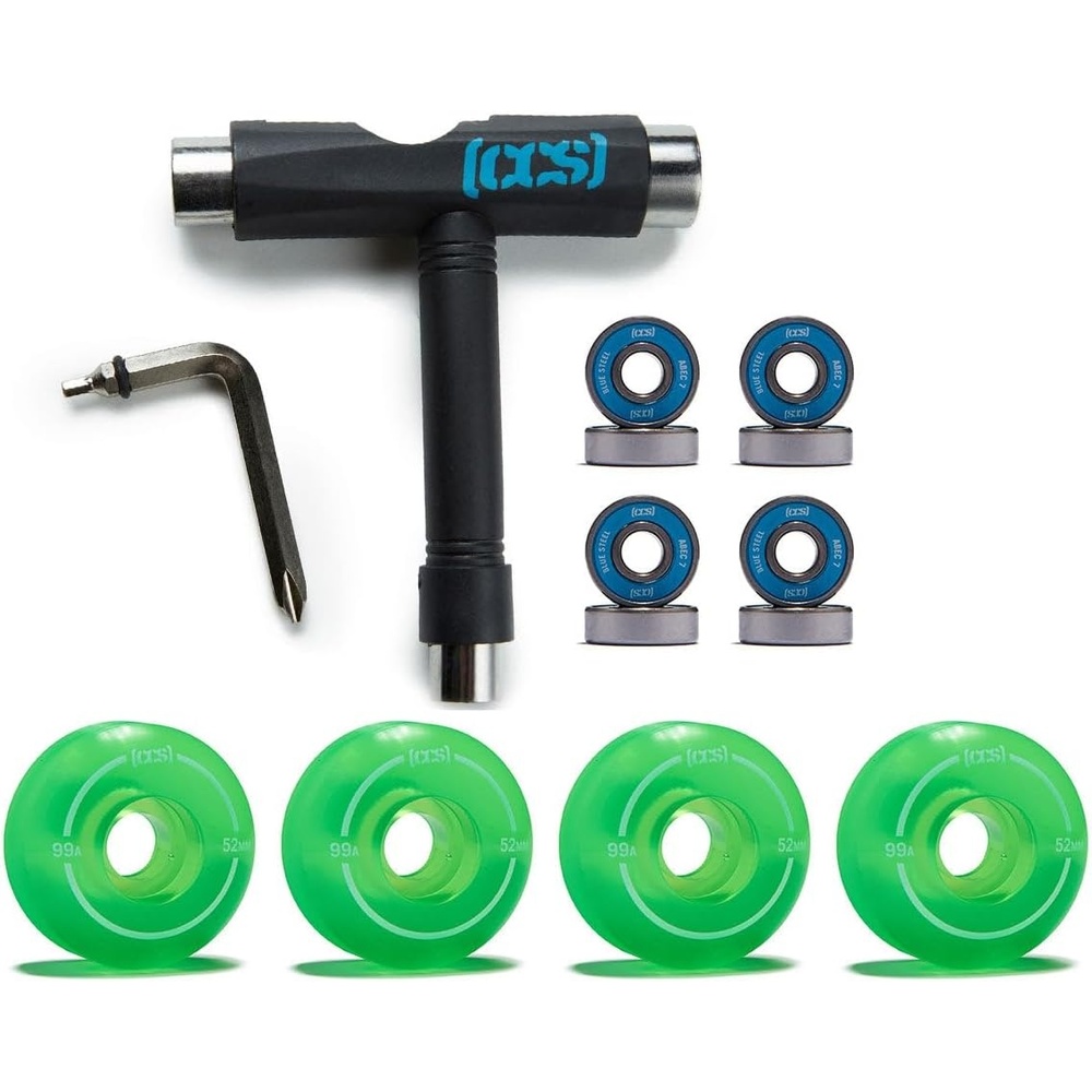 image:imageCCS Skateboard Wheels 52mm Set of 4 Blue Steel Bearings ABEC 7 Skate ToolClear Green