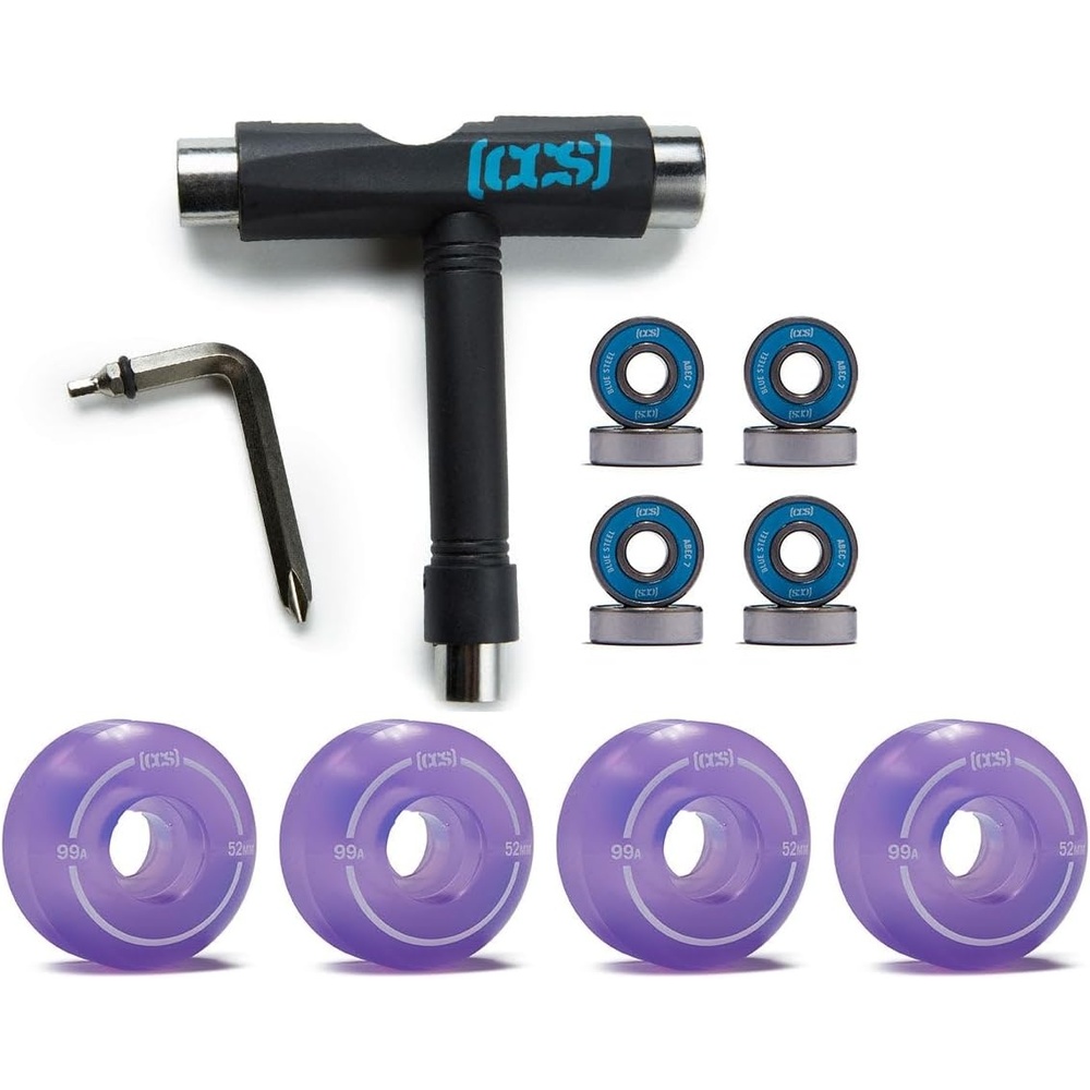 image:imageCCS Skateboard Wheels 52mm Set of 4 Blue Steel Bearings ABEC 7 Skate ToolClear Purple