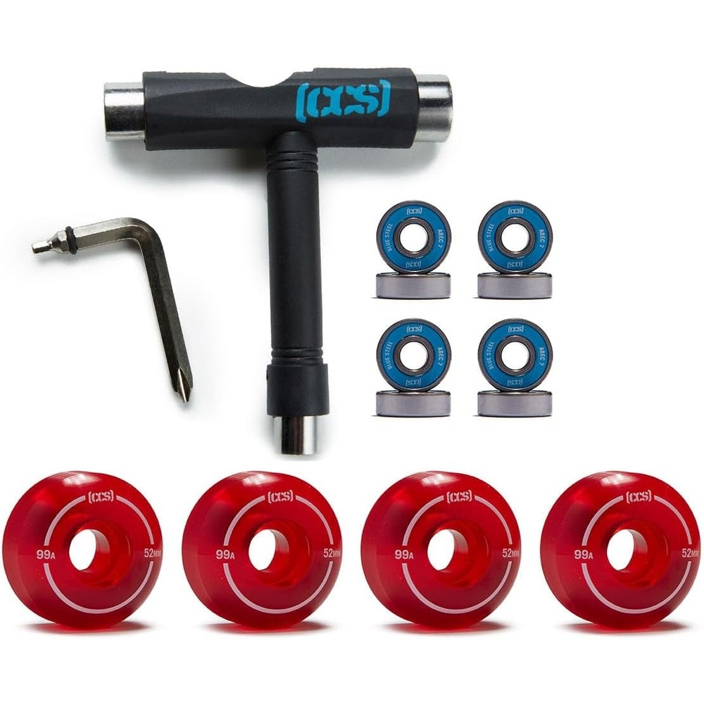 image:imageCCS Skateboard Wheels 52mm Set of 4 Blue Steel Bearings ABEC 7 Skate ToolClear Red
