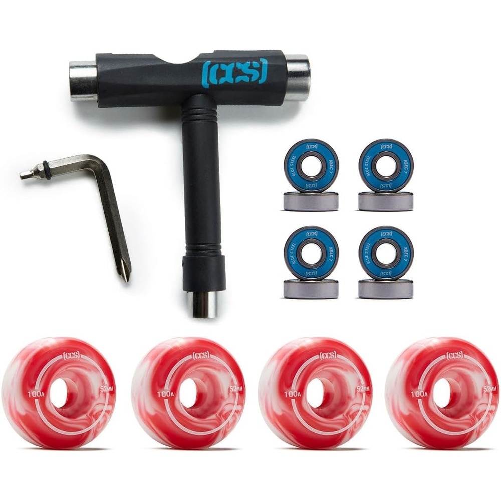 image:imageCCS Skateboard Wheels 52mm Set of 4 Blue Steel Bearings ABEC 7 Skate ToolRed Swirl